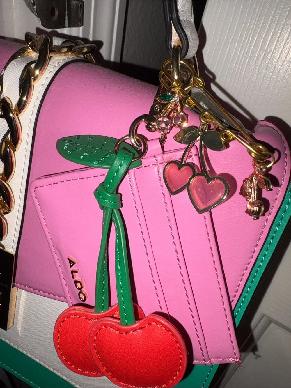 Aldo Pink, Green & White Colorblock Top-Handle Satchel/ Crossbody Purse